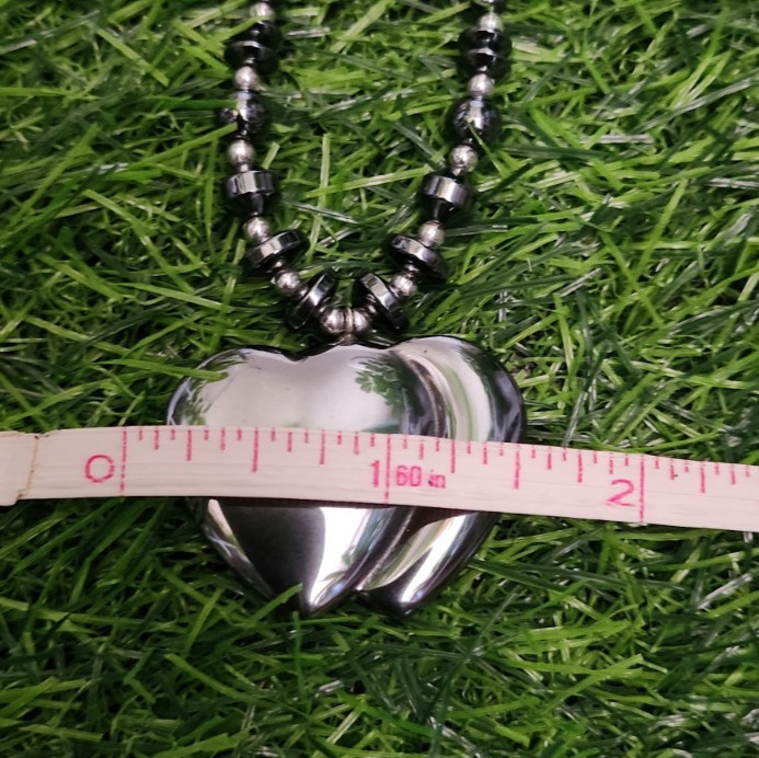 Natural Hematite Stone Double Heart Pendant Necklace Metallic Gray Beaded Chain
