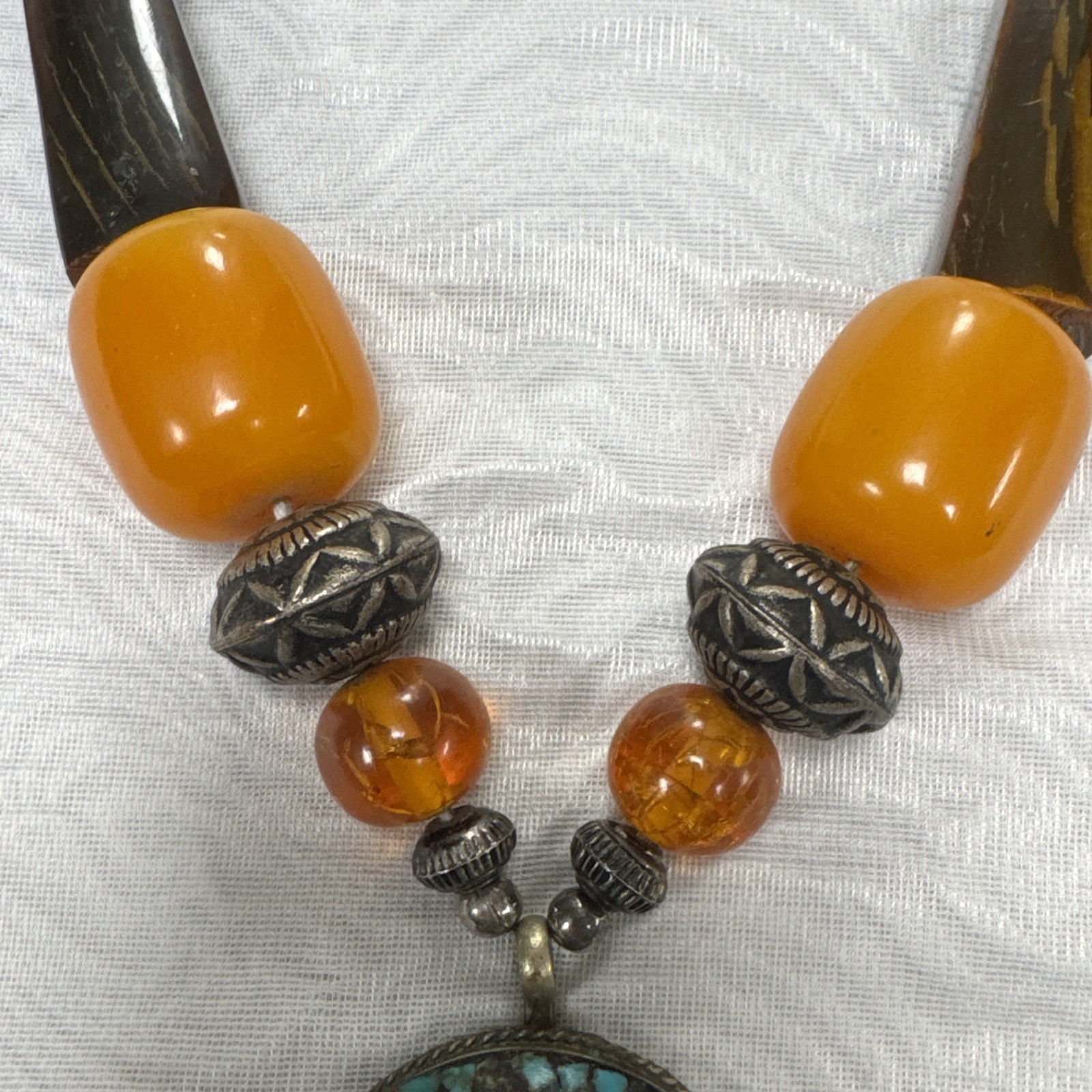 Vintage Bohemian Multi Color Necklace Tibetan Resin Amber with Turquoise Pendant