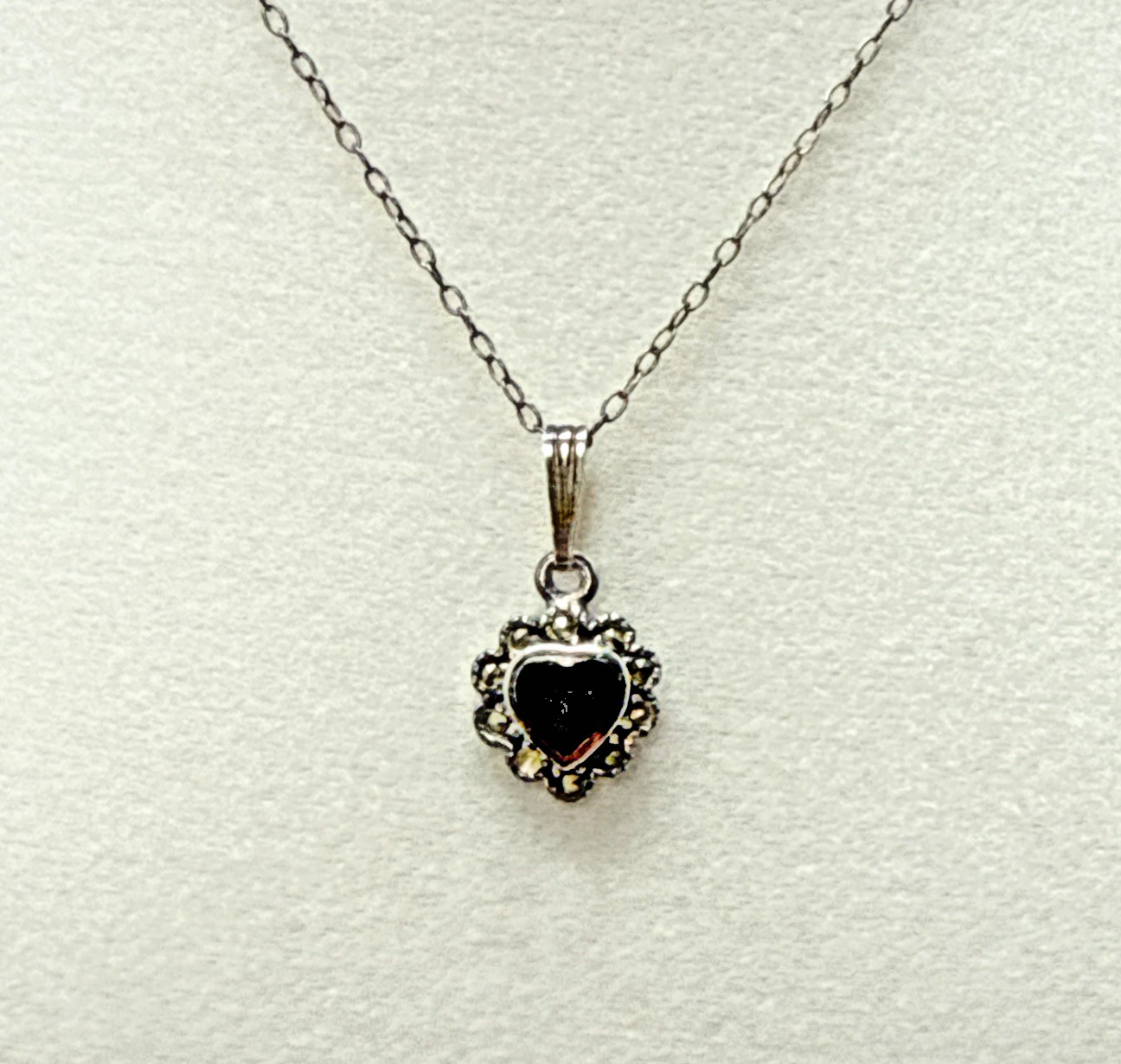 Vintage Roman & Sunstone 925 Sterling Silver Onyx and Crystal Heart Necklace