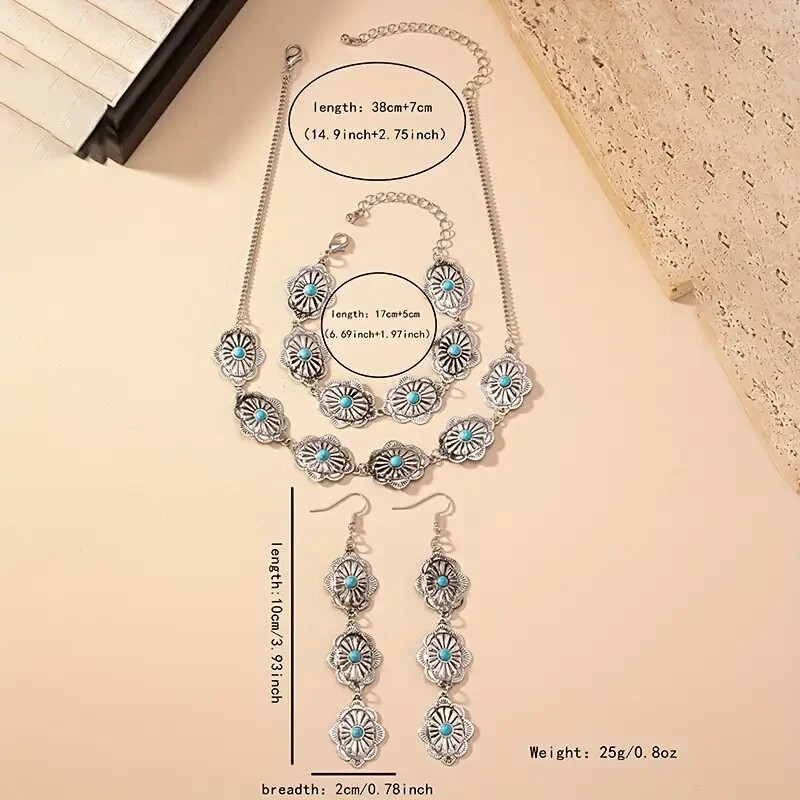 Boho 925 Sterling Silver Gypsy Tibetan Turquoise Earrings Bracelet Necklace Set