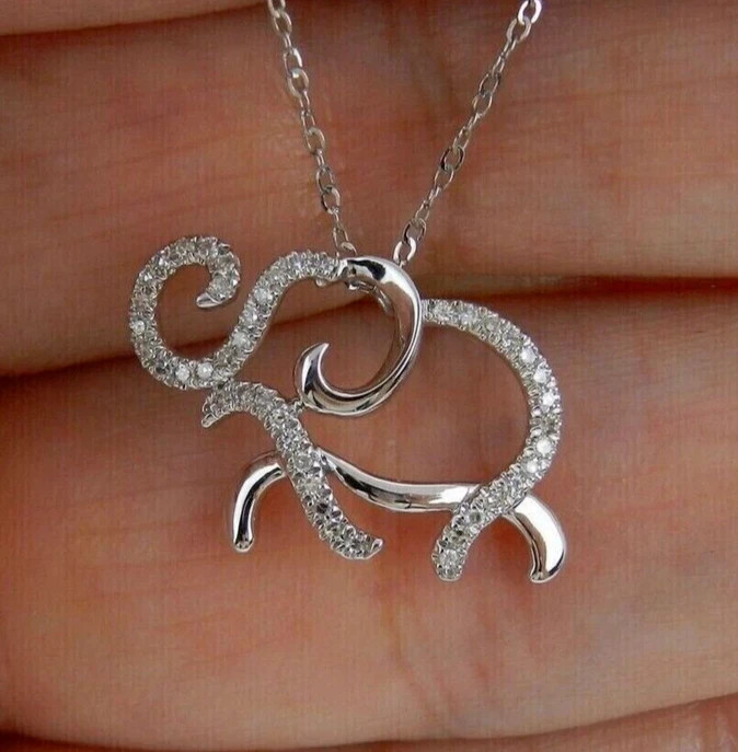Elephant Beauty Pendant 0.50Ct Round Cut Simulated Diamond 14K White Gold Plated