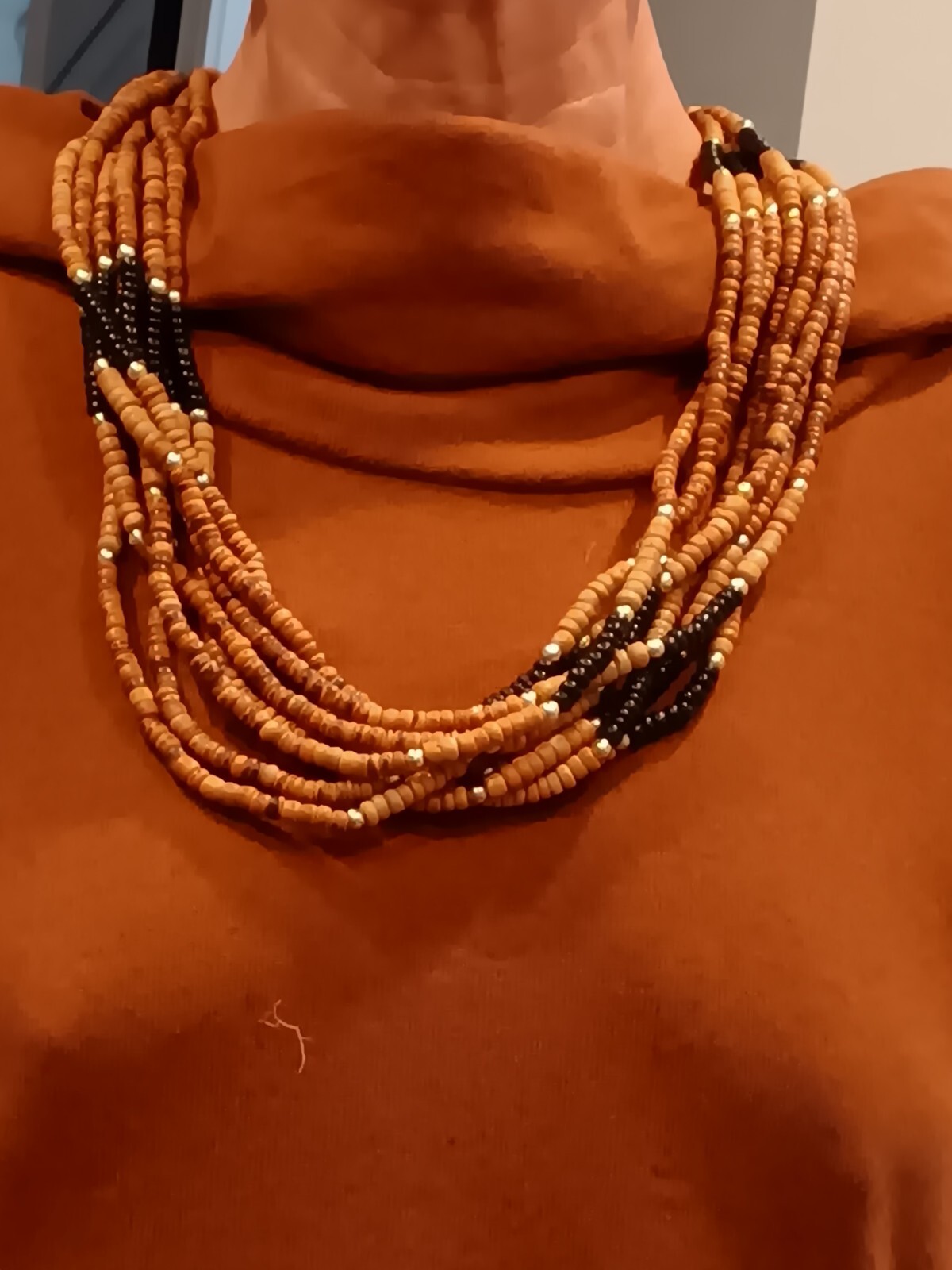 VTG Wooden Beaded Necklace Tribal Inspired Jewelry 8 Strand With Metal Accents.