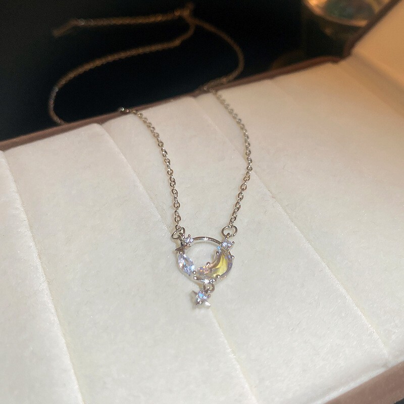 Pearl Color Moon Stone Cubic Zirconia Star Necklace Silver Chain Necklace 3483