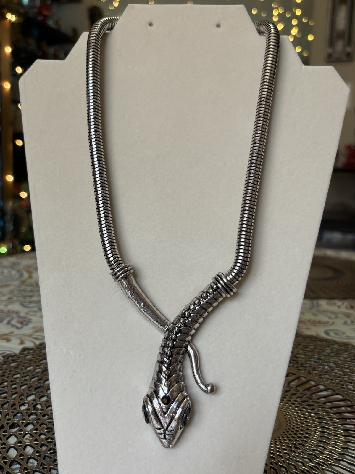 Silver Plated Snake Pendant Necklace Gray Marquise Crystal Eyes Adjustable