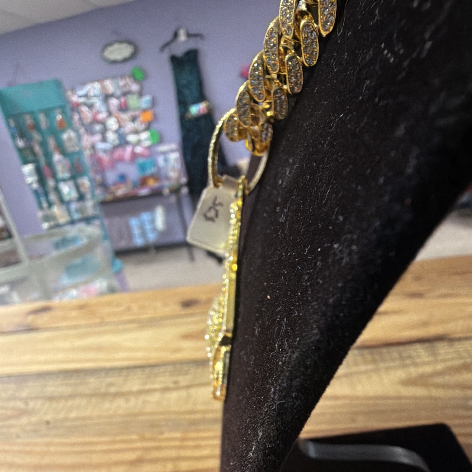 Gold Tone “GET MONEY 1ST” Iced Out Pendant Necklace, Pavé Curb Link Chain