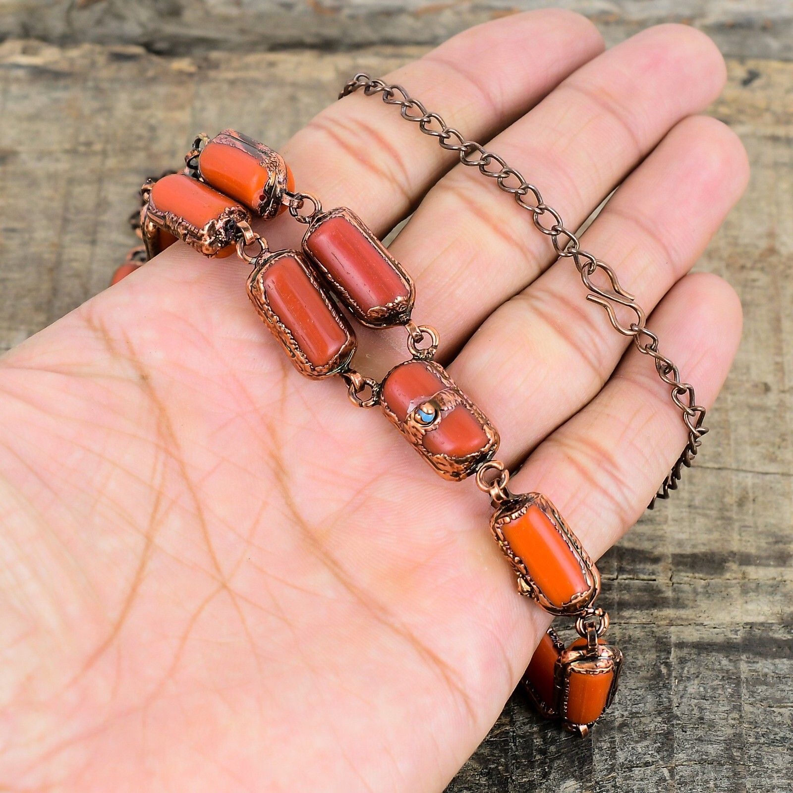 Red Coral Gemstone Turquoise Copper Sister Chain Electroformed Necklace Jewelry