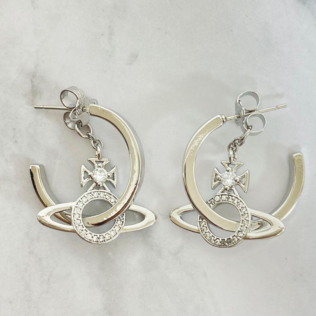 Vivienne Westwood Earrings MIRANDA Orb Hoop Dangle Silver w/Pouch NO BOX
