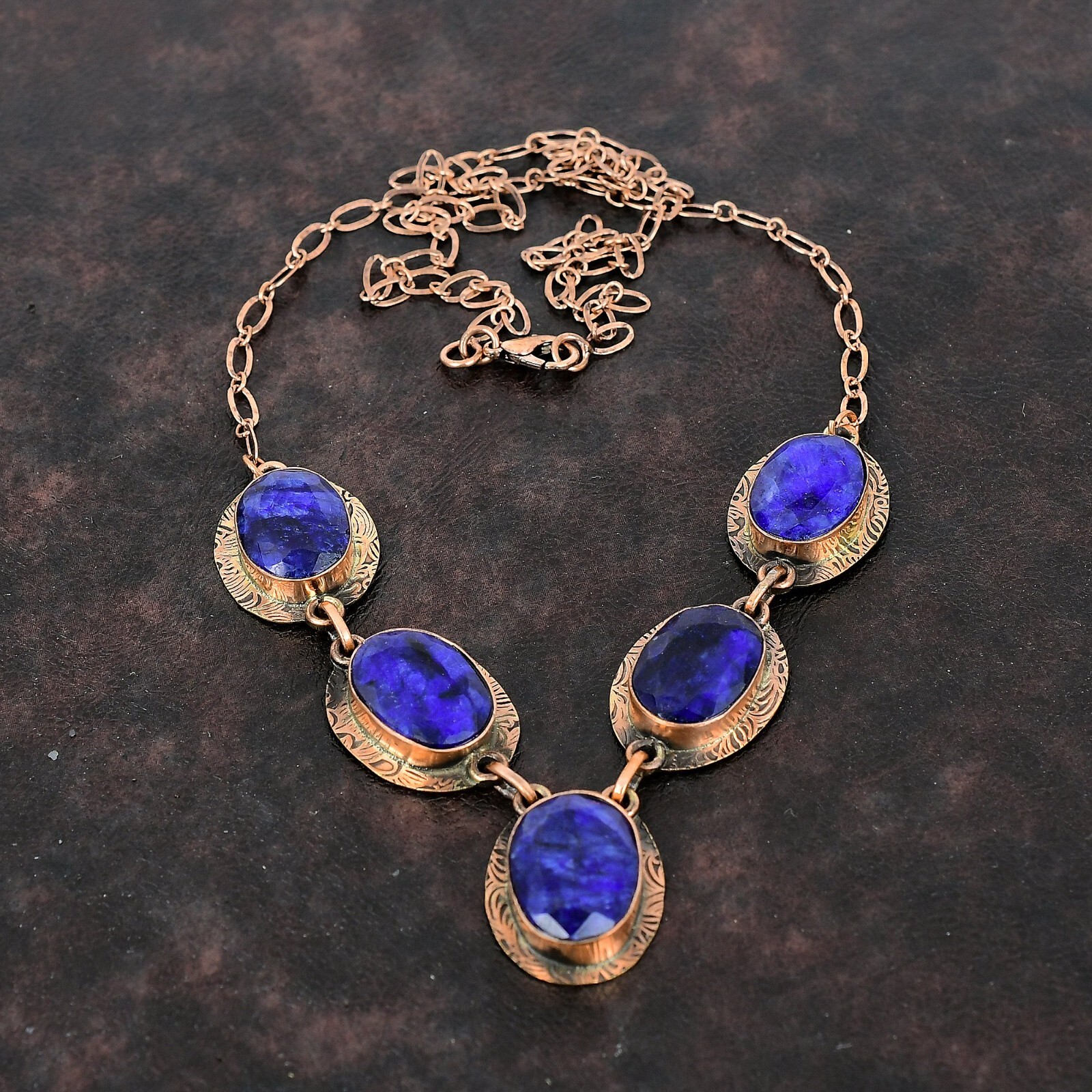 Womens day Sale Oval Blue Saphir Gemstone Copper Sister Bezel Necklace Jewelry