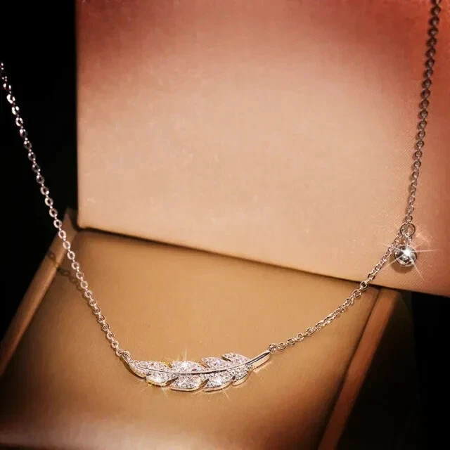 Women’s 1Ct Round Simulated Diamond Leaf Pendant Necklace 14K White Gold Plated