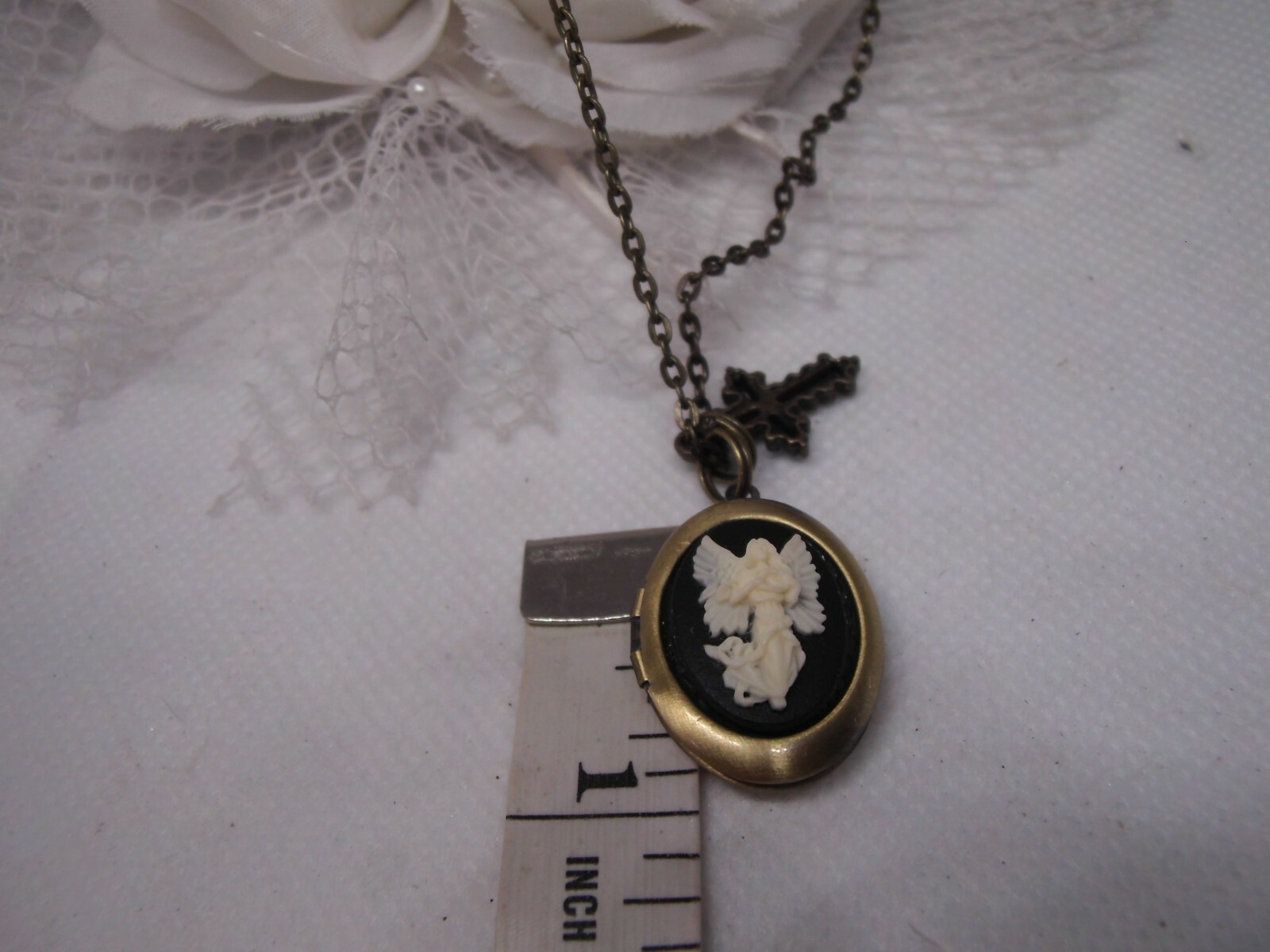 Valentine Prayer Box Bronze Locket Cameo Necklace Pendant photo keepsake Angel