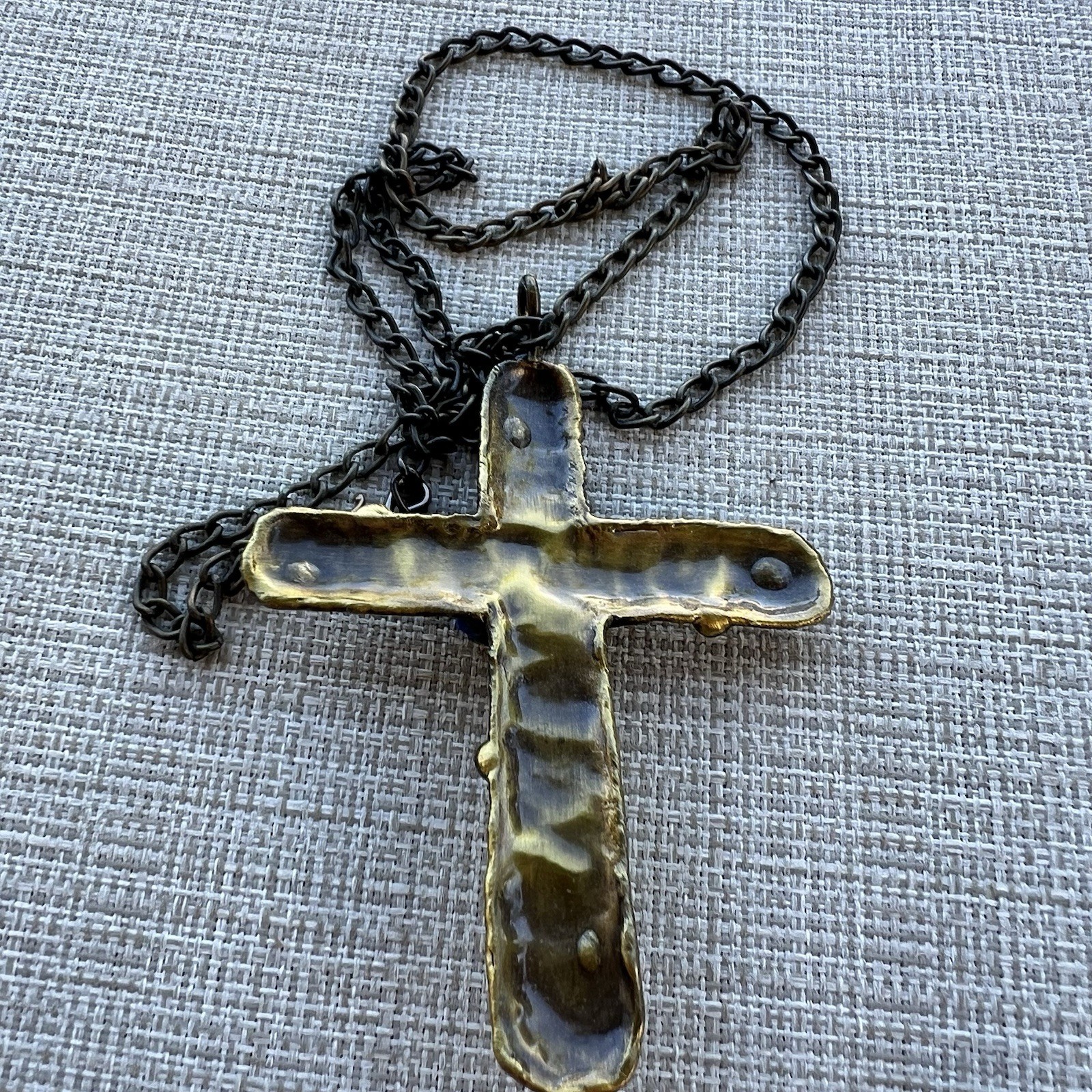 Brutalist Brass Cross Accented with Blue Lapis on 24” Chain