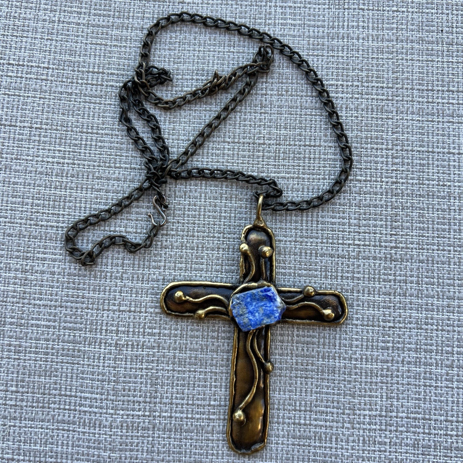 Brutalist Brass Cross Accented with Blue Lapis on 24” Chain