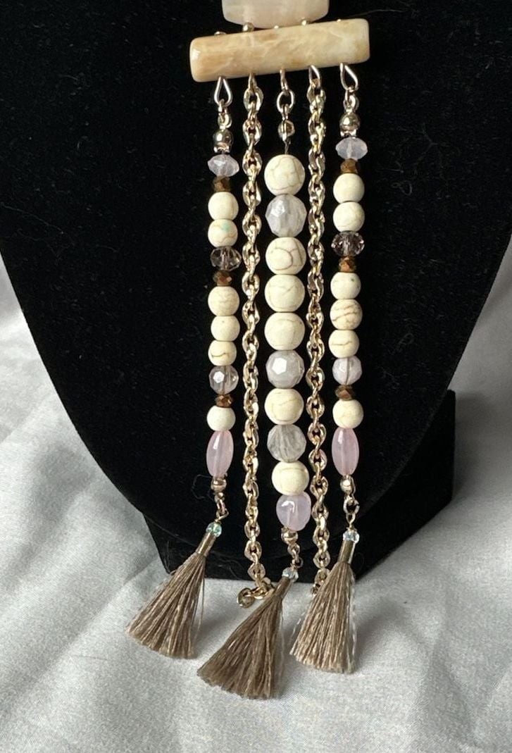 Chico’s Beaded Tassel Statement Necklace with Cream and Pink Accents