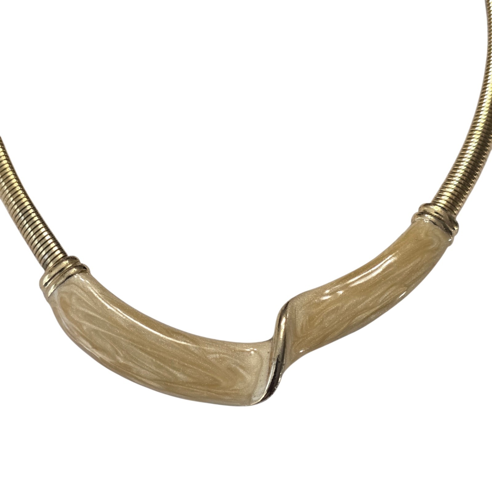 1980s Vintage Unbranded Gold tone Choker Cream Enamel Wave Design