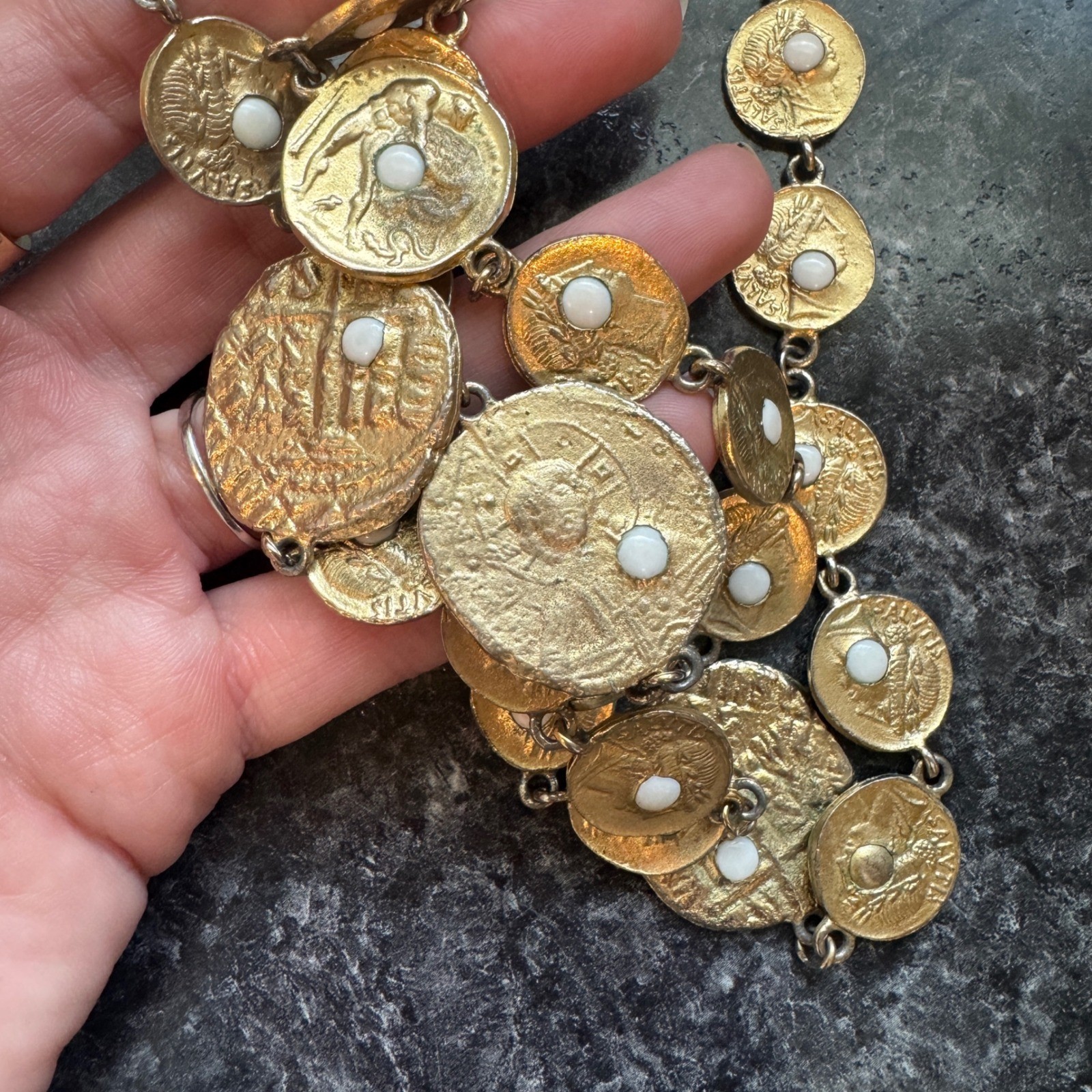 Vintage 80s Pauline Rader Gold Greek/Roman Coin Necklace White Cabochon Hammered