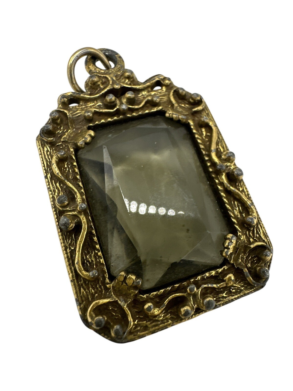 Large Emerald Cut Glass Stone Filigree Goldtone Setting Pendant Intricate