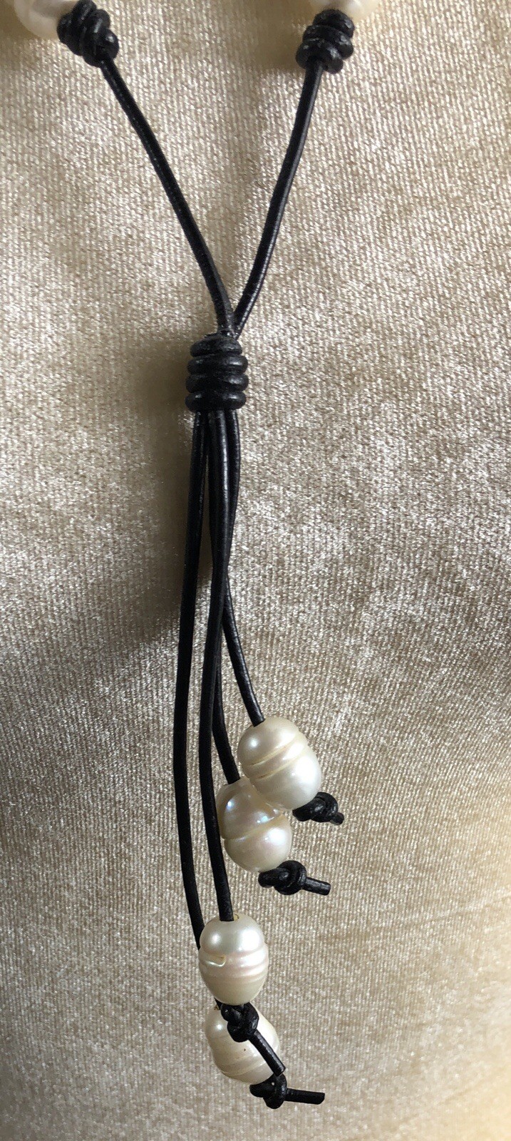 Baroque Pearl Necklace Leather Cord Station Tassel – 26 inch Length