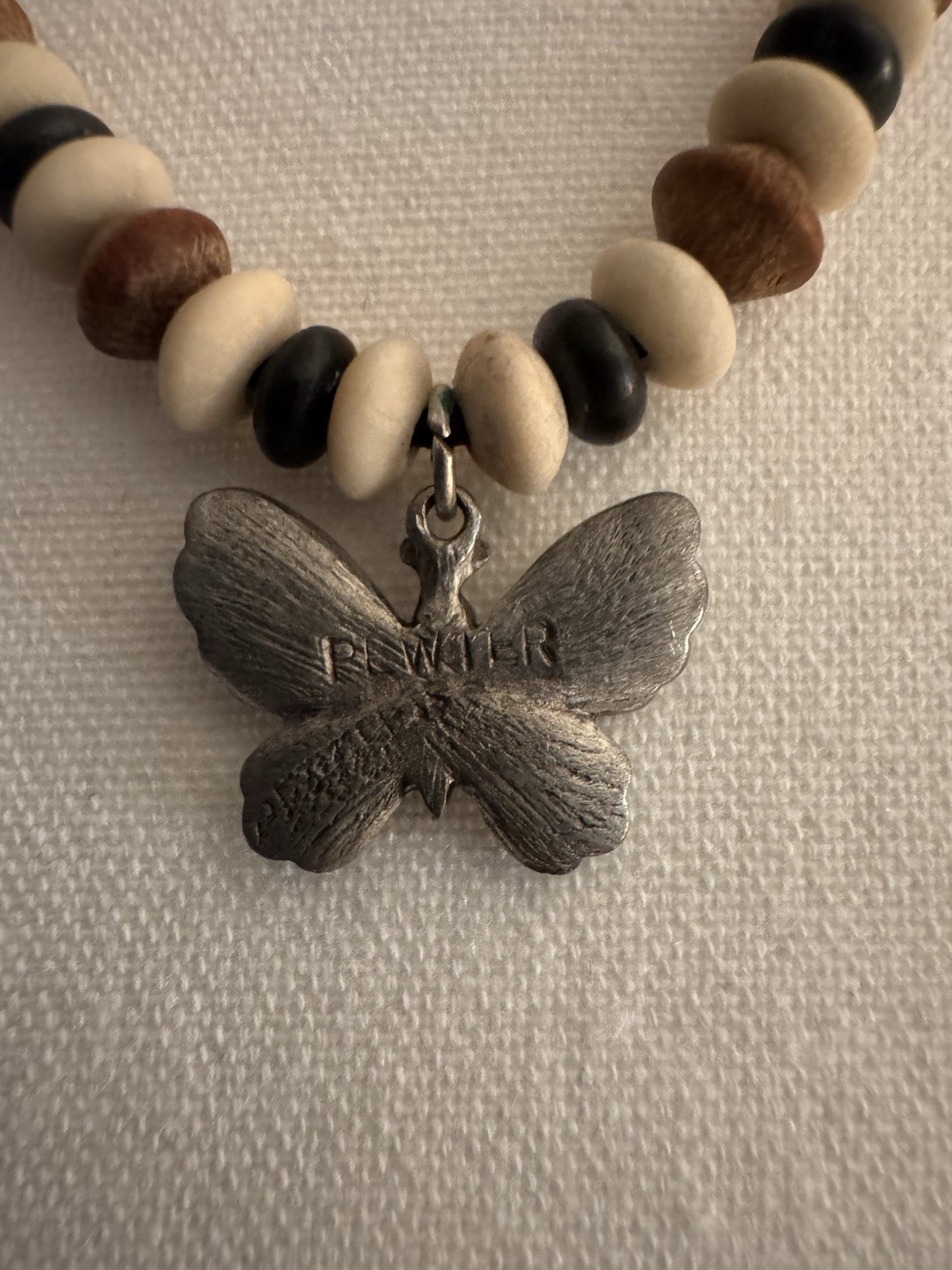 Beaded Necklace – Signed Pewter Butterfly Charm Pendant Cord Brown/Black Rustic