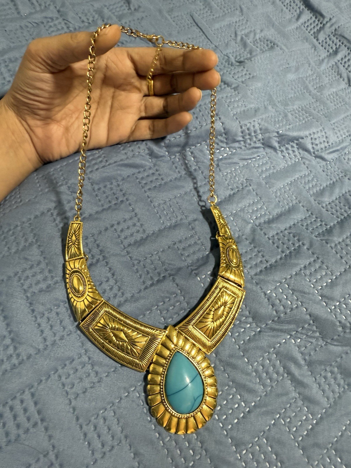 Chunky Gold Necklace Cuff Large Big Wide Costume Blue Statement Choker Jewelry
