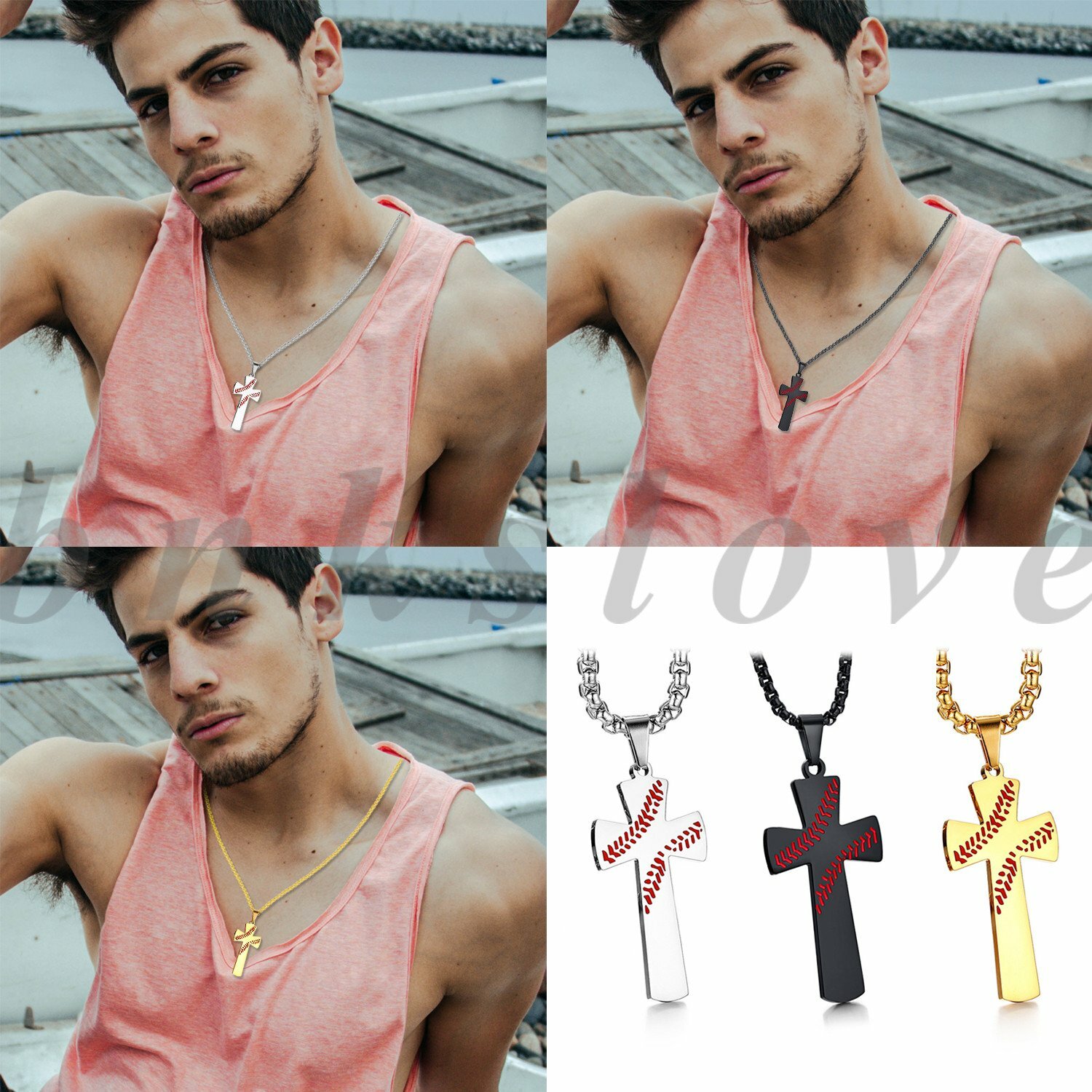 Mens Boys Stainless Steel Baseball Cross Pendant Necklace Bible Verse on Back