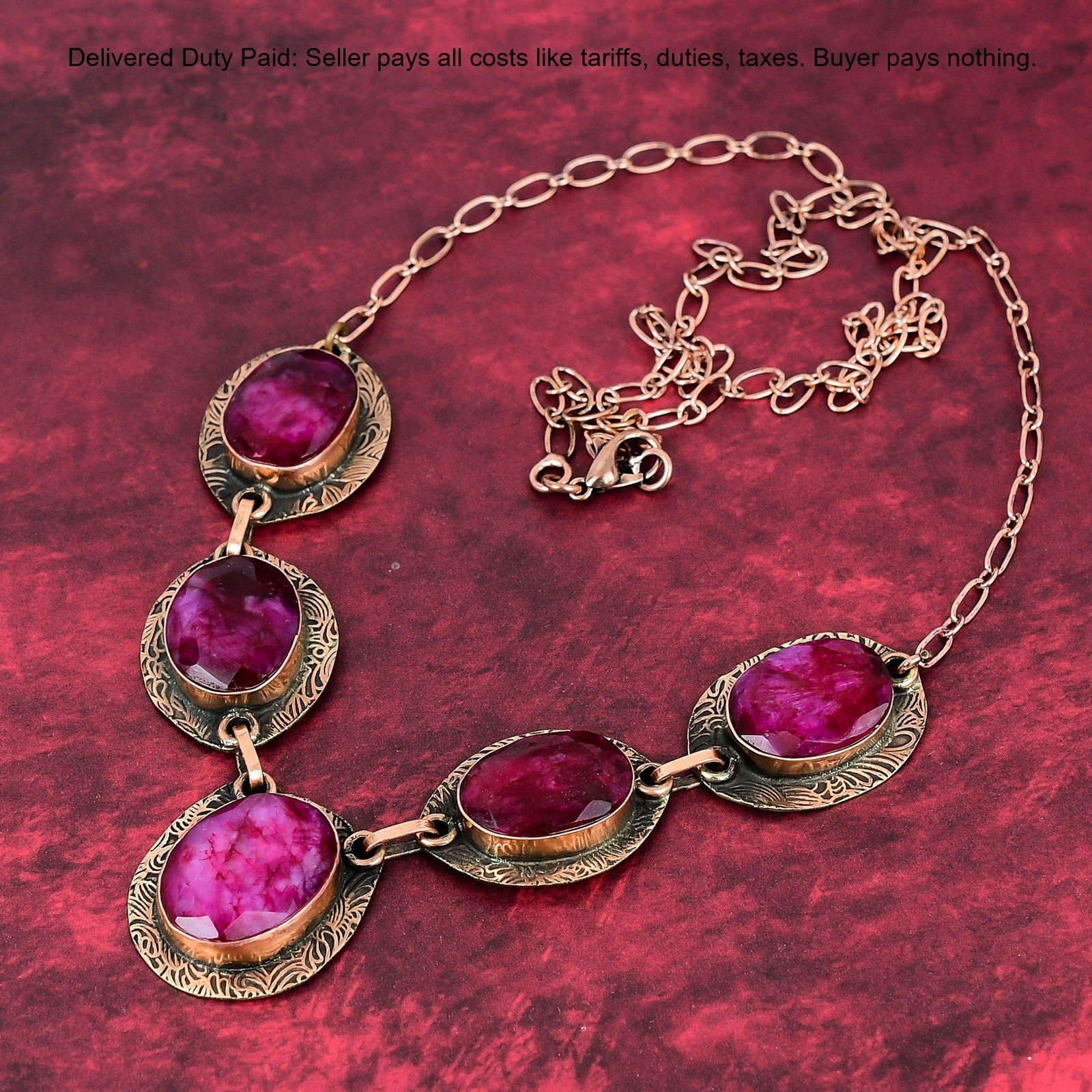 Kashmir Rubi Stone Artisan Chain Handcrafted Handmade Necklace Jewelry Copper