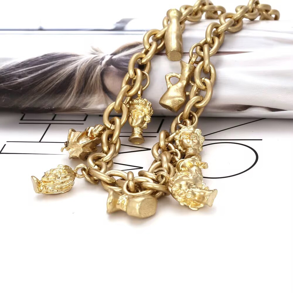 Zara Heavy Antique Style Face And Vase Charm Necklace New