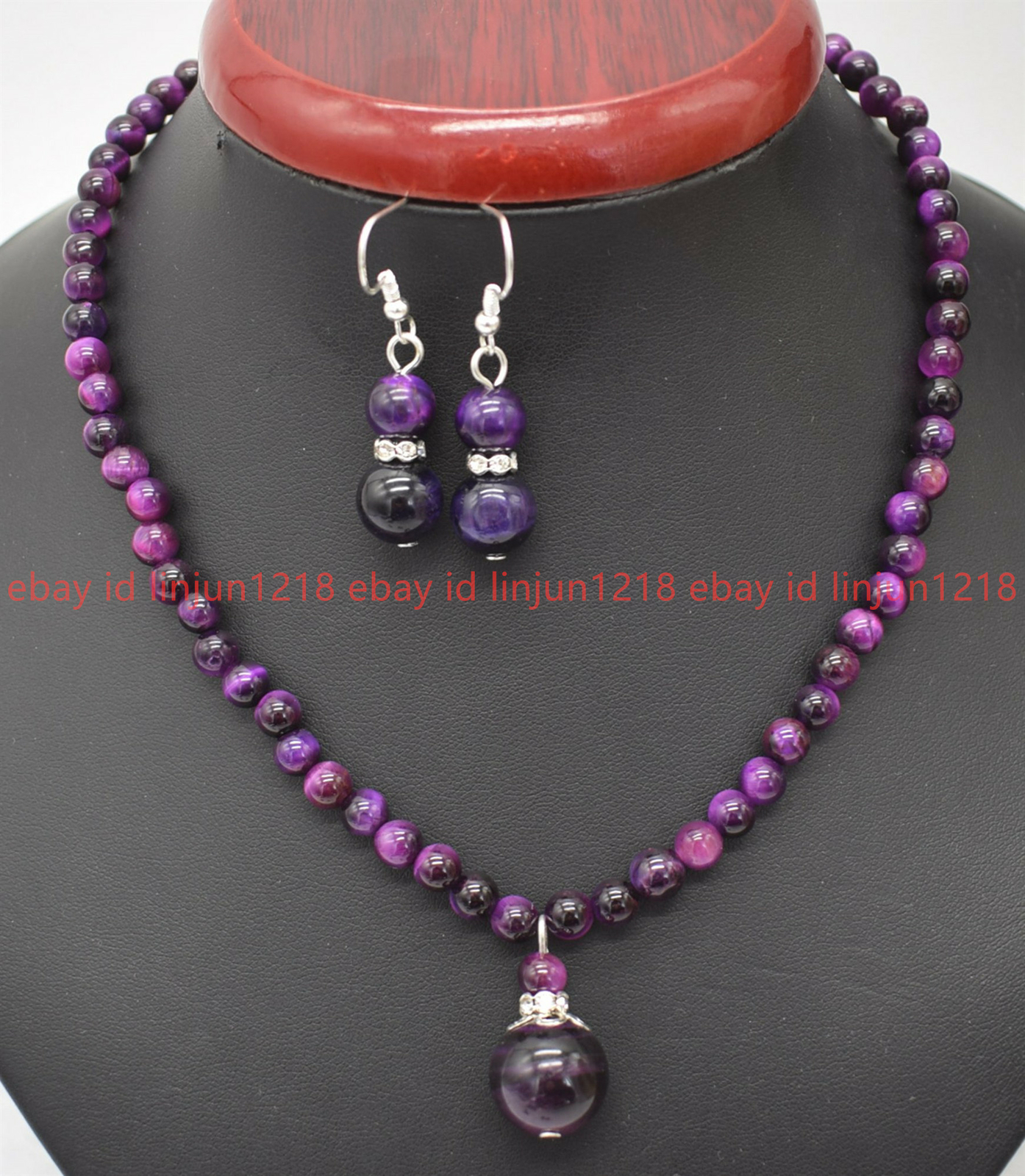 Natural 6mm Purple Tiger’s Eye Gems Beads Round Pendant Necklace Earrings 18″