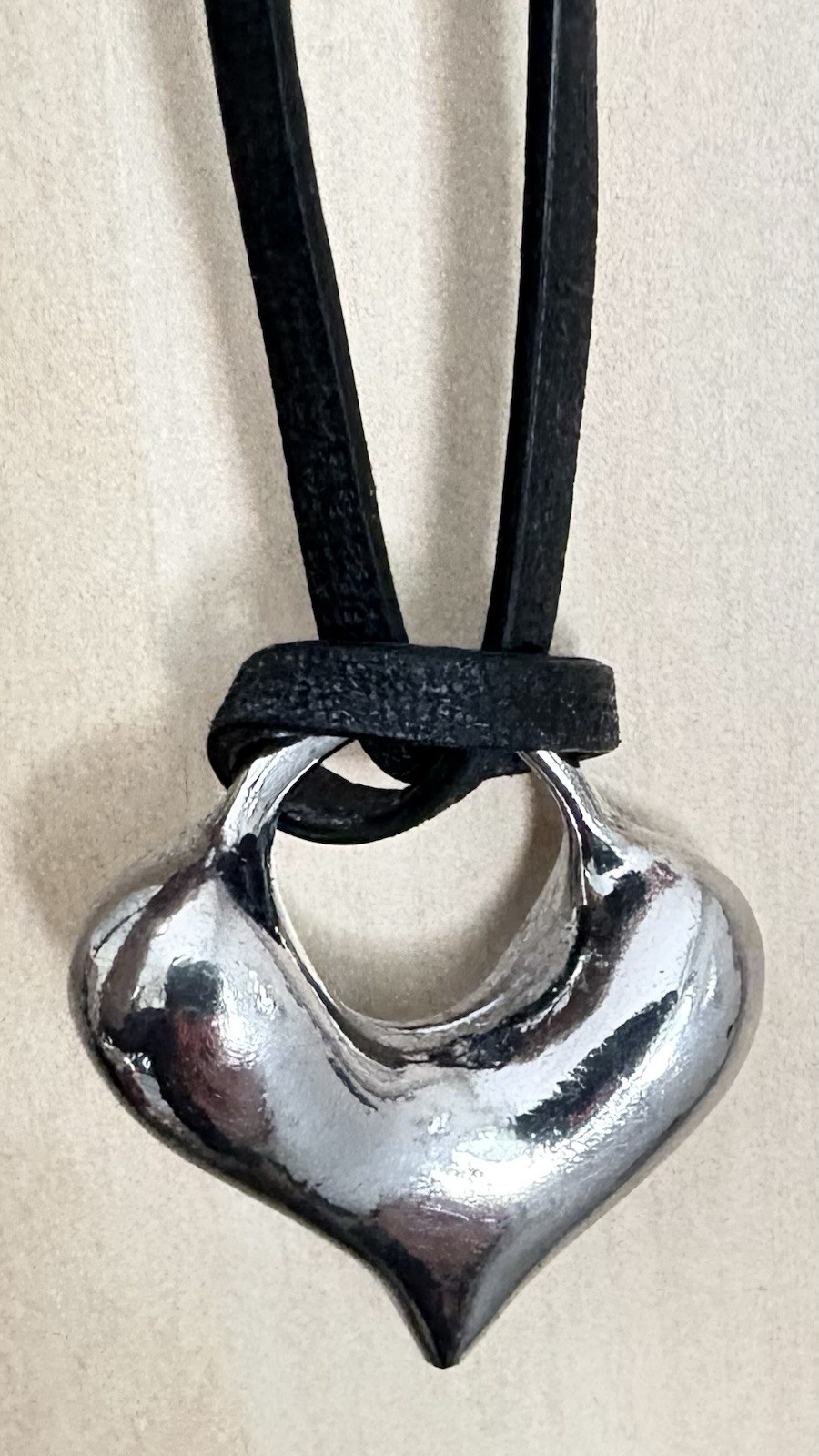 Large Sculptural Heart Pendant Necklace Silver Tone Black Leather Cord Modern