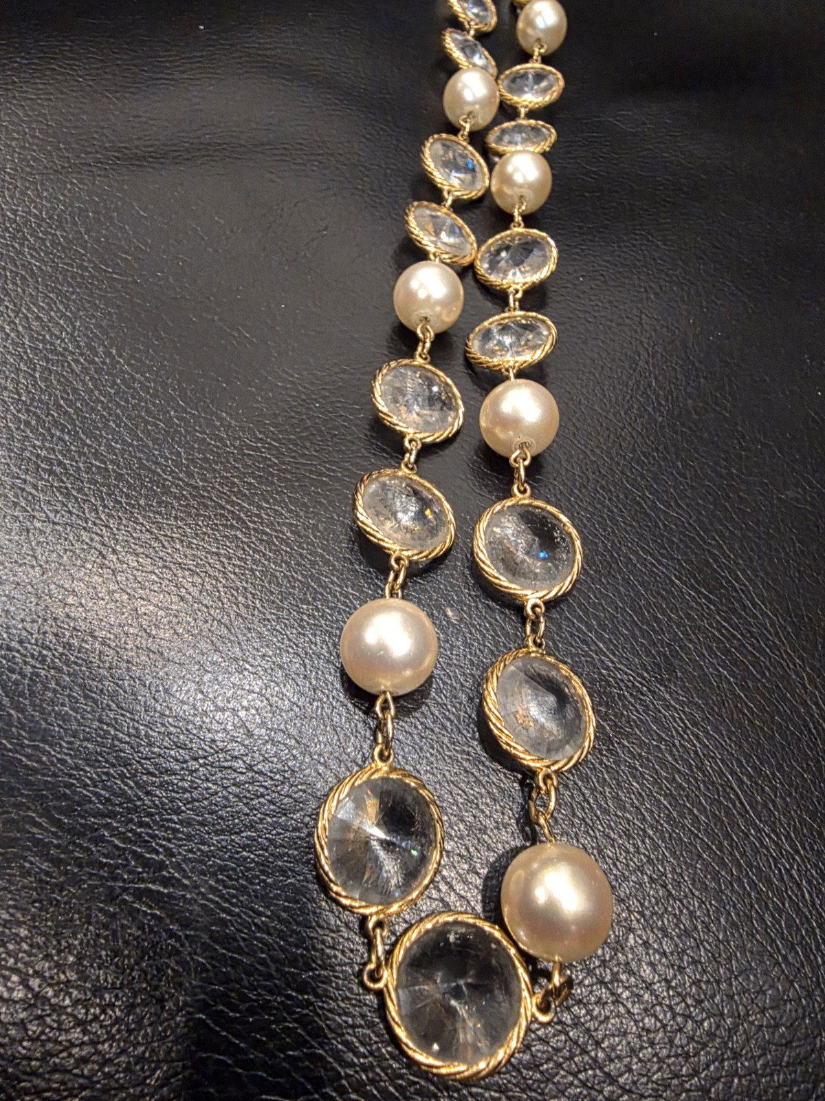 French Fancy Bezel Set Double Point Crystal & Glass Pearl Rope Necklace 32″ L
