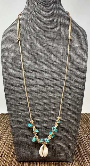 Adjustable Cowrie Shell Necklace Gemstone Beads – Turquoise, Tiger’s Eye, Amethy