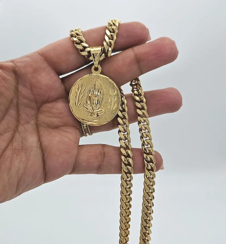 Gold Praying Hands Necklace, 7mm Curb Style Chain, 14k Heavy Plated Gold