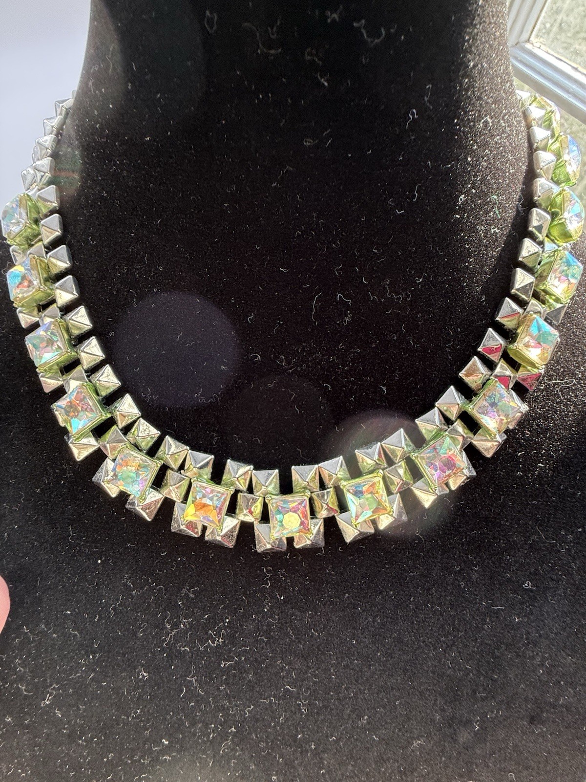 J.Crew Crystal Grid Chain Statement Necklace Iridescent Silver Rhodium Plated