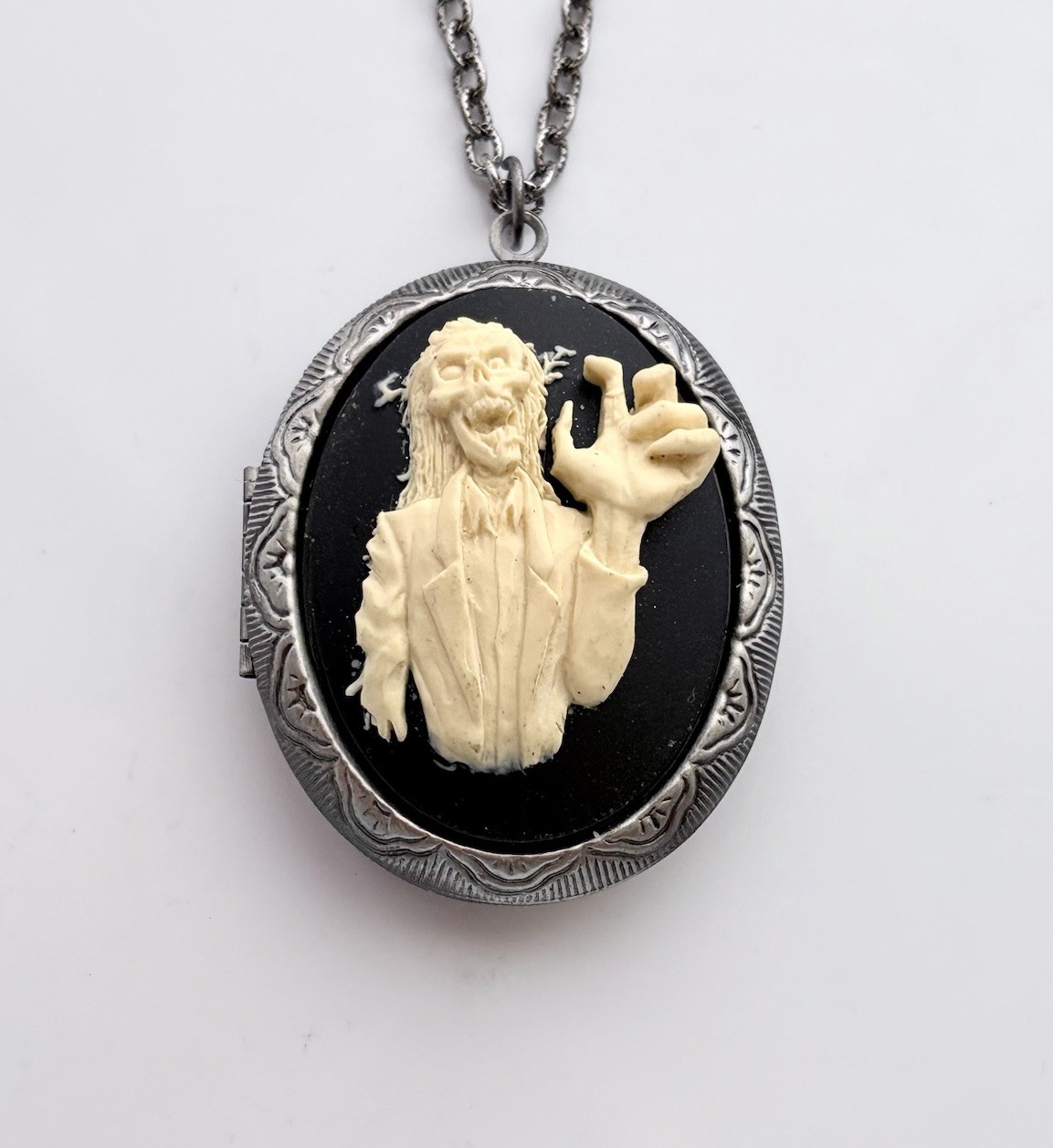ZOMBIE 3-D CAMEO LOCKET NECKLACE Goth Photo Pillbox Stash Pendant Undead Walker