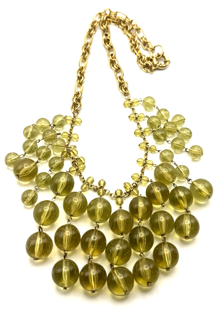 J. Crew 26″ Cascading Translucent Olive Green Beaded Bib Statement Necklace