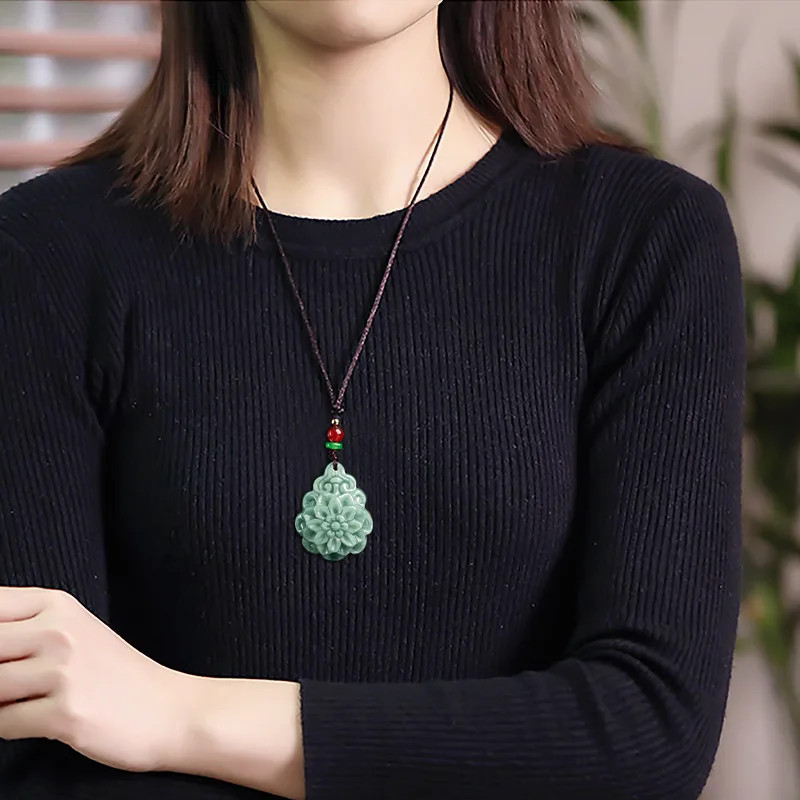 Jadeite Rose Flowers Pendant Ice Kind Handmade Carved Women’s Necklace