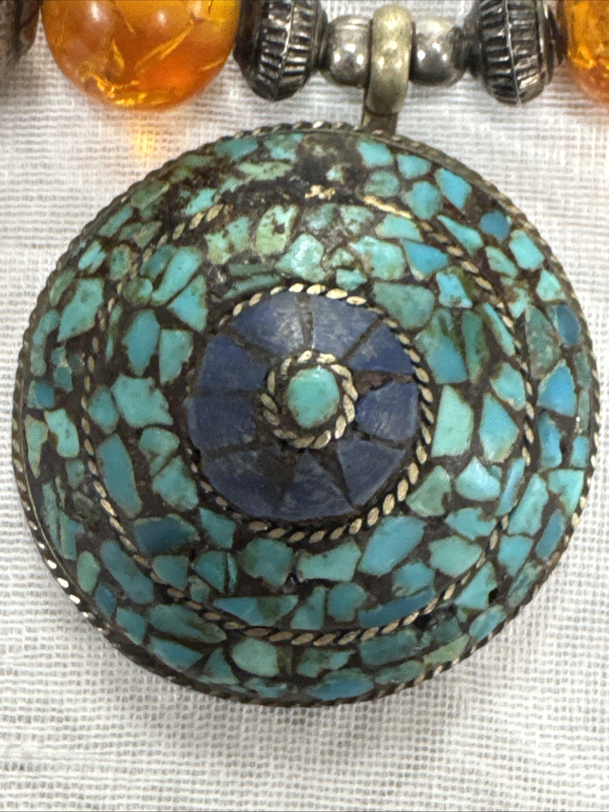 Vintage Bohemian Multi Color Necklace Tibetan Resin Amber with Turquoise Pendant