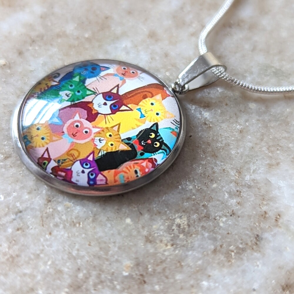 Cartoon Cats Hand Crafted Stainless Steel Charm Stamped Sterling Silver Necklace