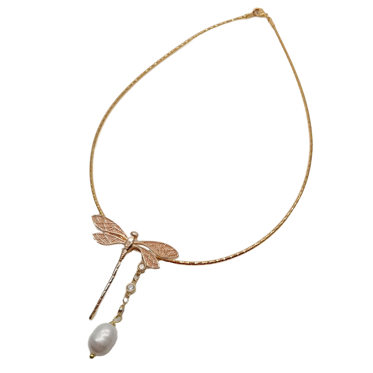 Gold Plated Dragonfly Charms White Rice Pearl Choker Necklace 16″