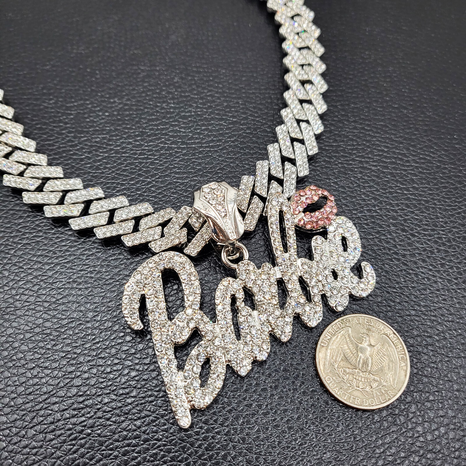 Women Silver Plated Barbie Bling Charm Iced Cubic Zirconia Cuban Chain Necklace