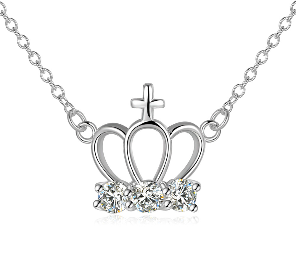 Elegant 925 Sterling Silver Filled Water Crown CZ Pendant Woman Necklace N-A597