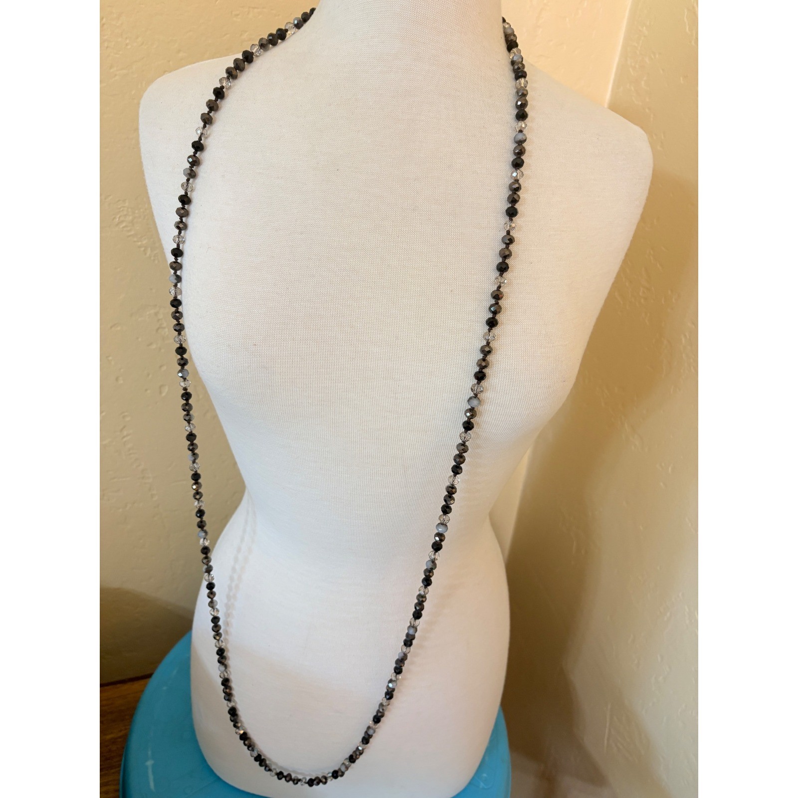 Black Grey Clear Faceted Glass Bead Hand Knotted Opera Length Necklace 60 Inch