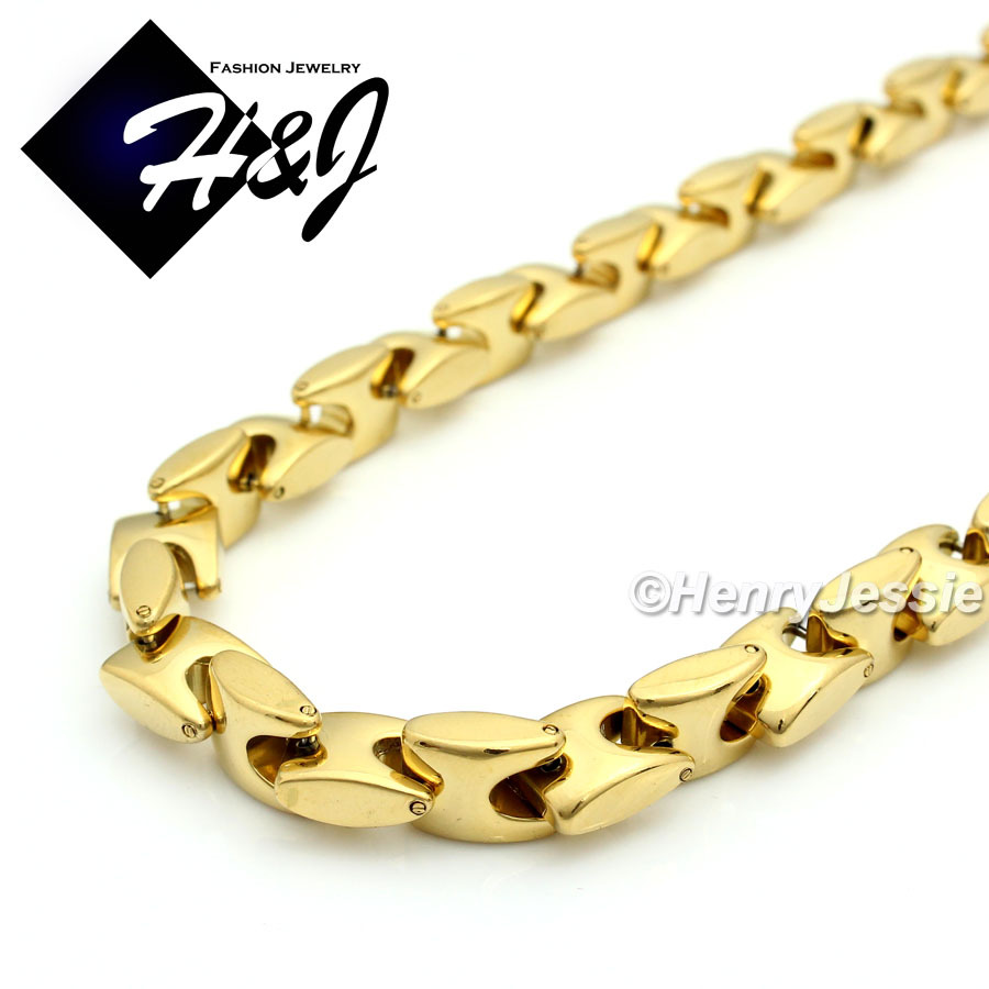 18″-40″MEN Stainless Steel 8mm Gold Plated Interlock Bone Chain Cross Pendant*A