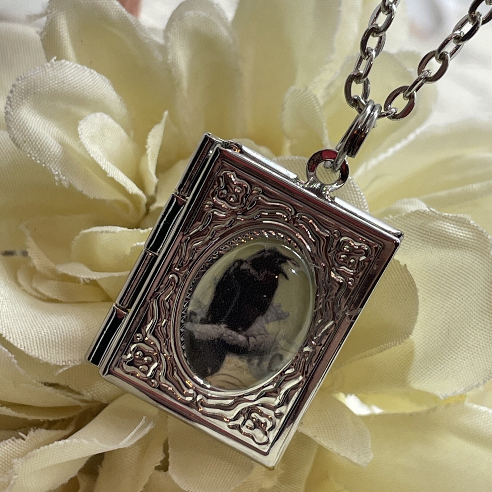 Black Gothic Raven Silver New Pendant Locket Necklace Crow Photo Book birthday
