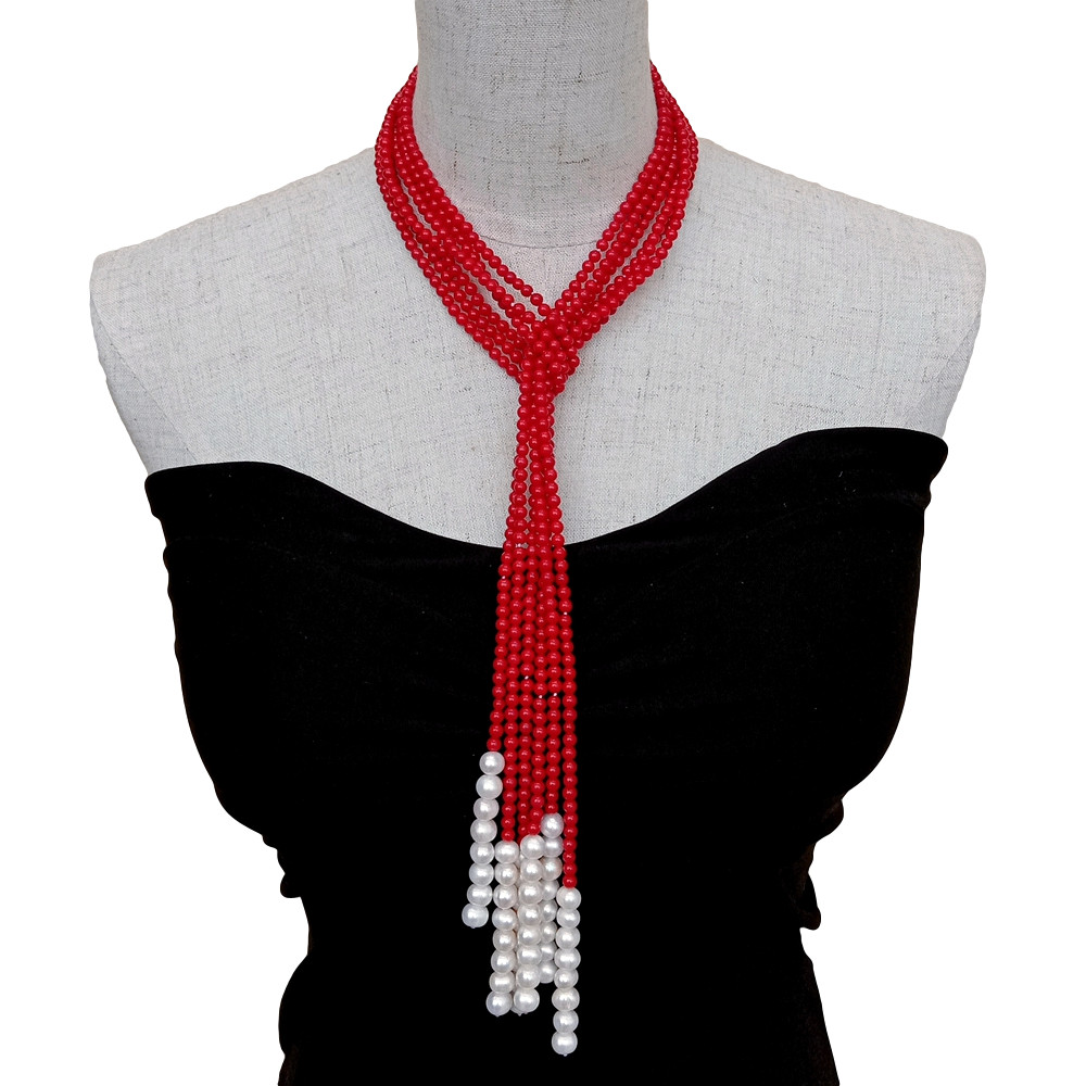 3 Rows Red Coral Cultured White Pearl Lariat Long Necklace 50″