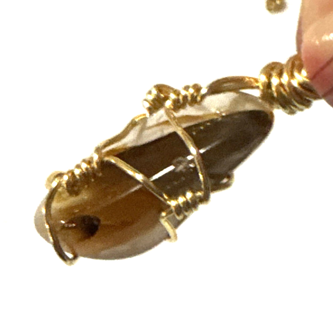 Agate Pendant Necklace Jewelry Gold Tone 24″ Chain Genuine Stone Handmade Wire
