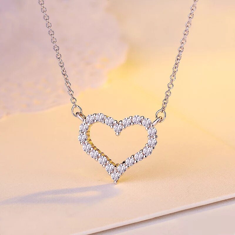 925 Sterling Silver Plated Open Heart Pendant Necklace Cubic CZ Love 17″ N38