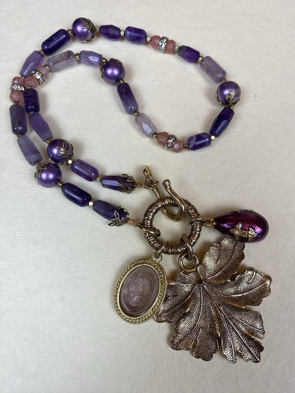Signed Carolee Purple Beaded Charm Necklace Oak Leaf Acorn Cameo Statement