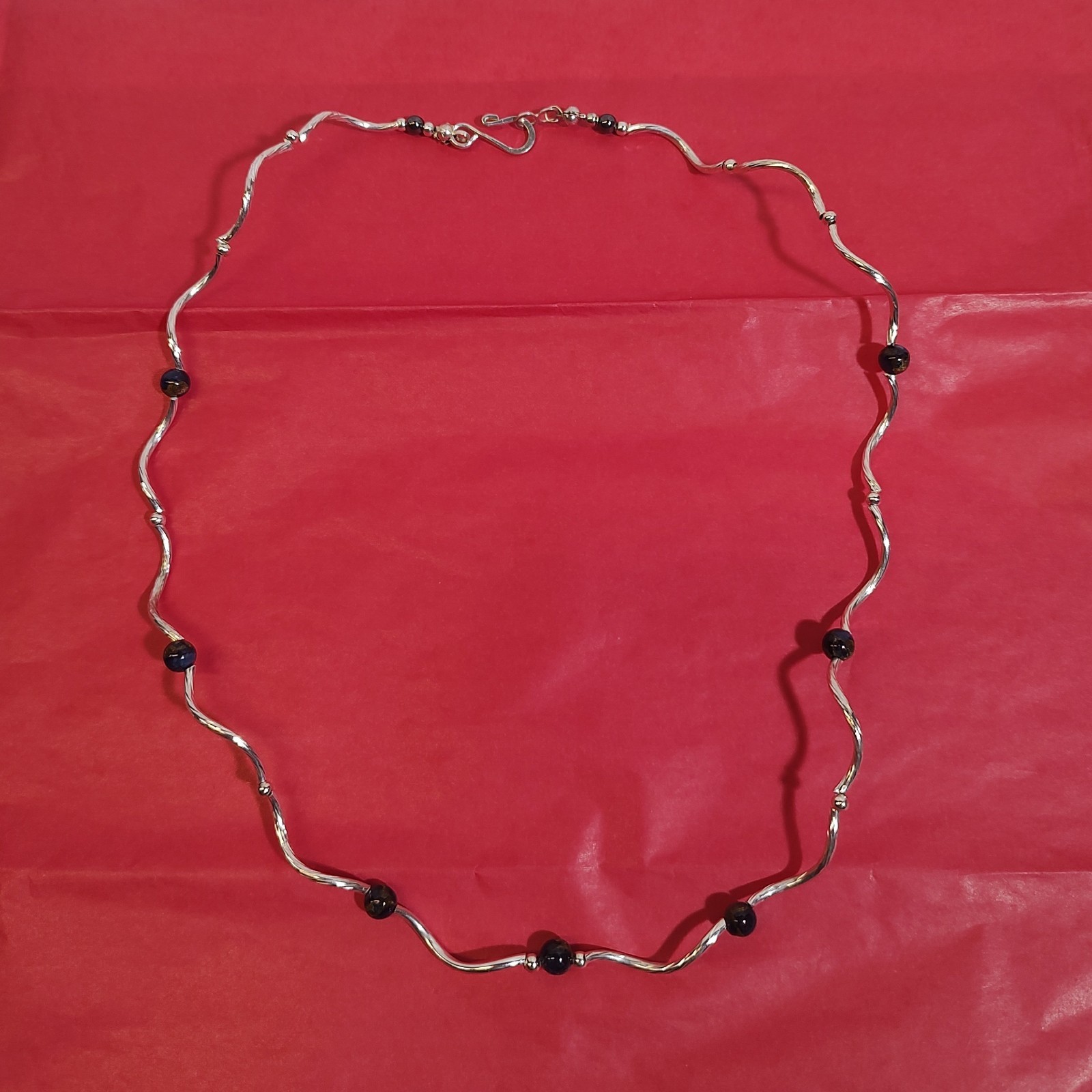 Silver Plated Necklace With Blue Tiger Eye Beads Handmade 20″ Hook & Loop Clasp