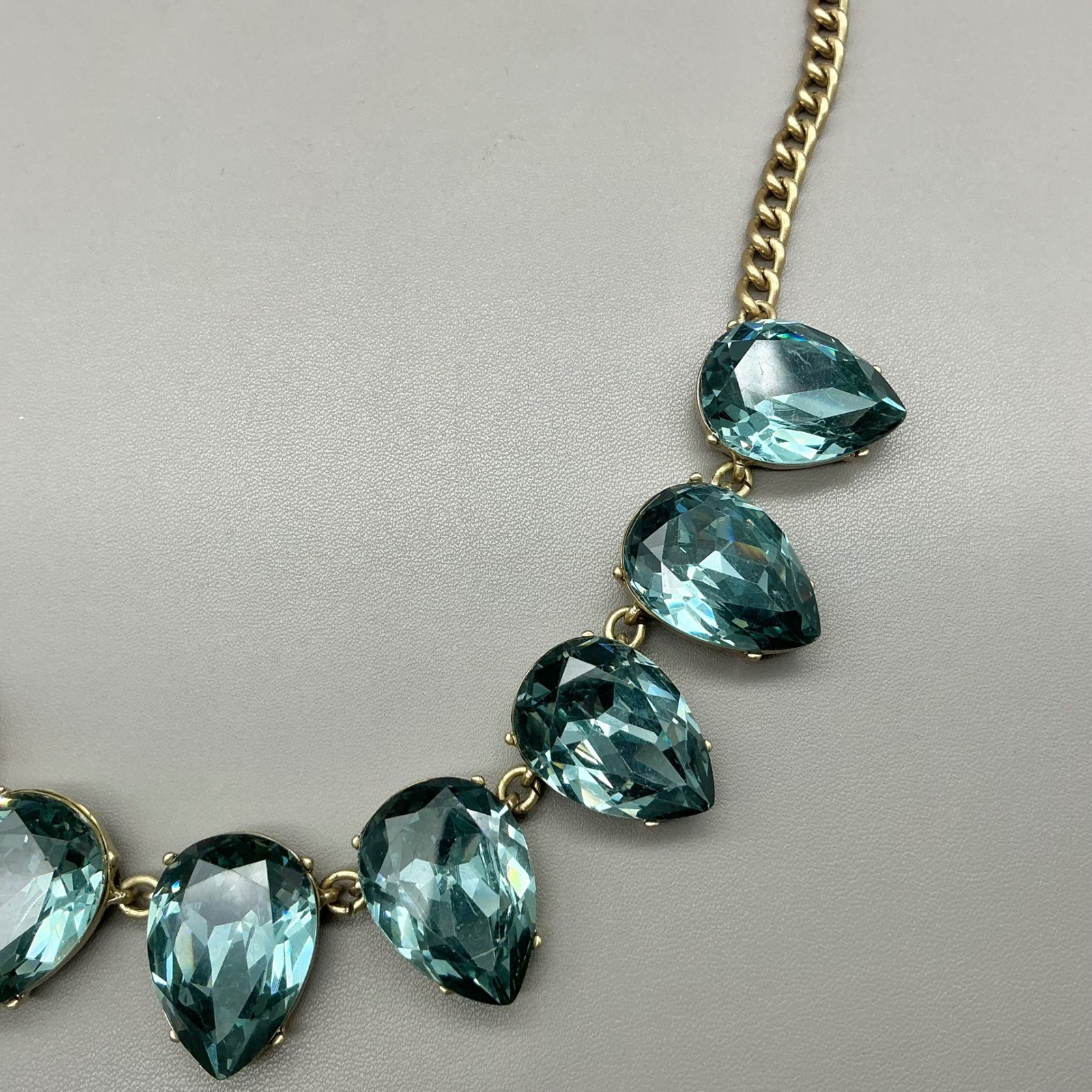 J.Crew Necklace Blue Crystal Statement Bib Gold Tone Teardrop Adjustable 16-18″