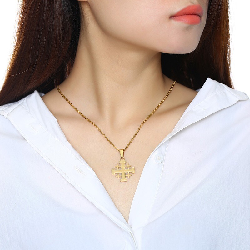 Gold Christianity Jerusalem Cross Pendant Necklace Stainless Steel Chain Classic